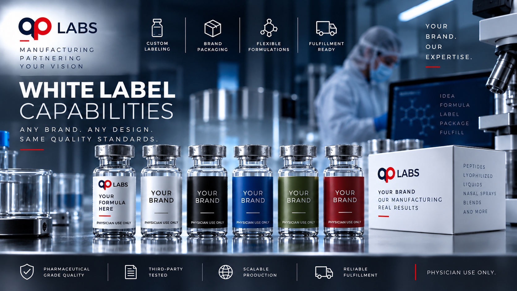 AP Labs white-label capabilities — custom labeling, brand packaging, flexible formulations and fulfilment, shown on six differently branded vials and a branded carton.